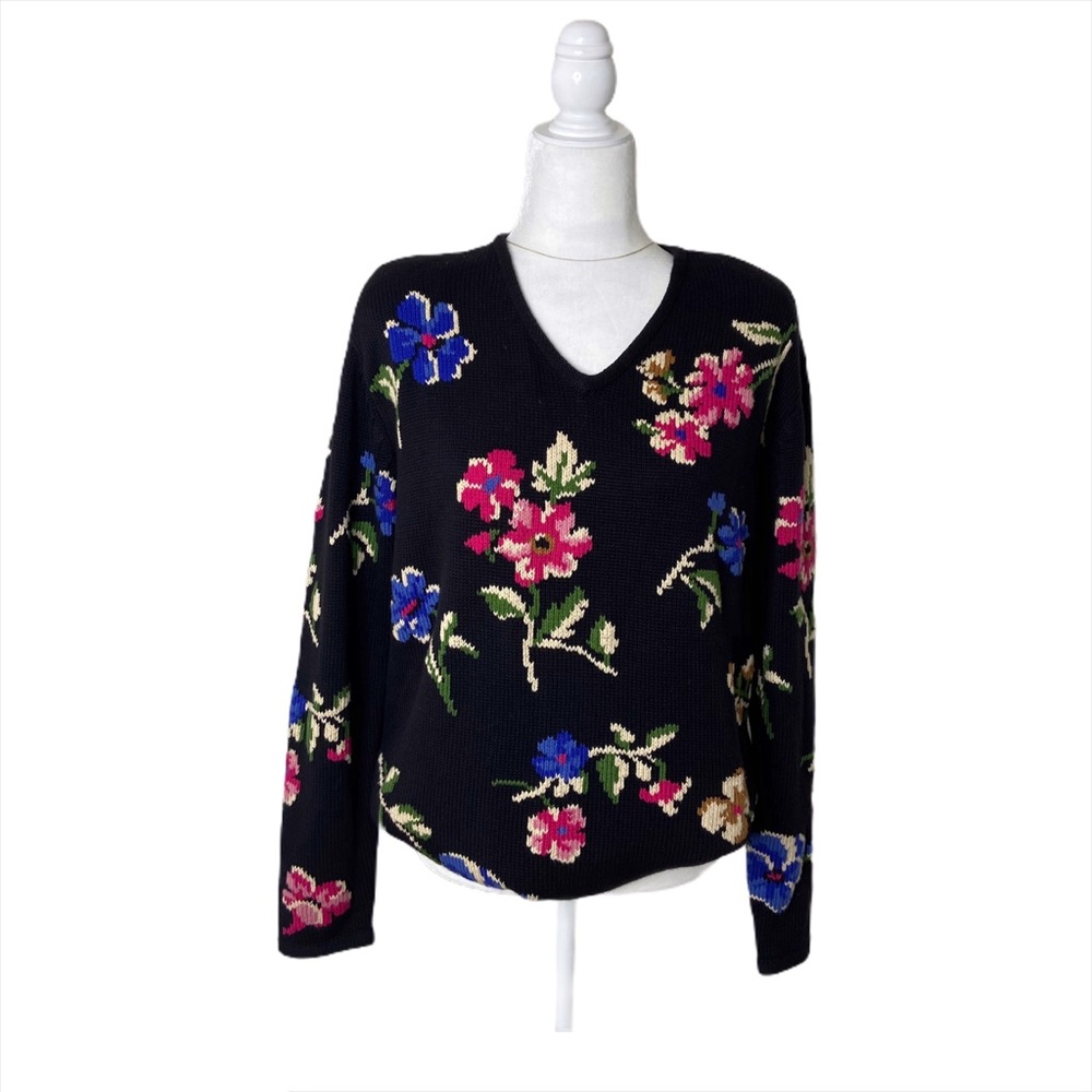 Rena Rowan Saville Sweater Vintage Floral Knit V-Neck Cotton